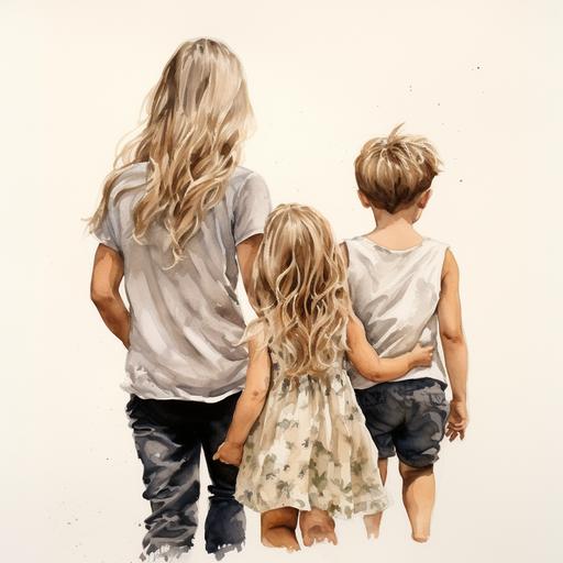 mother with darker blonde hair, little blonde girl and her older blonde brother, backview, love, from behind, watercolor