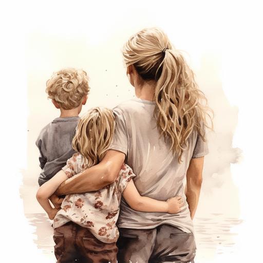 mother with darker blonde hair, little blonde girl and her little bit older blonde brother, backview, love, from behind, watercolor
