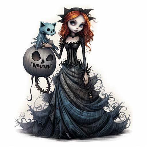 nightmare before Christmas Sally, Christmas dress, with a skeleton dog, digital art,pixarstyle, white background