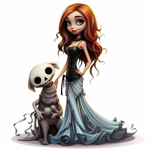 nightmare before Christmas Sally, Christmas dress, with a skeleton dog, digital art,pixarstyle, white background