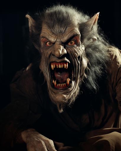 A laughing werewolf with big fangs, completely covered in fur, Lon Chaney, Zack Snyder, v 5.2 8K, --ar 4:5