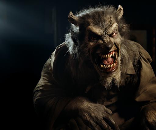 A laughing werewolf with big fangs, completely covered in fur, Lon Chaney, Zack Snyder, v 5.2 8K,
