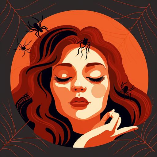 a woman sleeping with spider on her face, flat illustration style