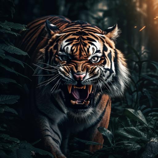 scary tiger, roaring at the screen, black eyes, pretty, warm background, jungle, 4k, muscular