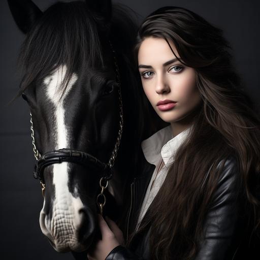 studiophoto long hair young woman, with black and white horse (canon eos 5 Mark 5) 85 mm