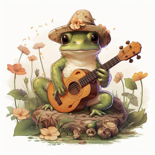 kawaii frog playing eukelele with mushroom on its head --s 250