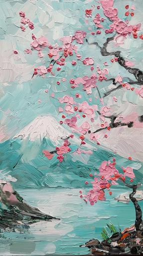 a painting with ffuji mountain and cherry blossoms, in the style of impressionist-landscapes, light turquoise and light pink, claude monet, hector guimard, monsù desiderio, wood, strip painting --ar 9:16 --v 6.0