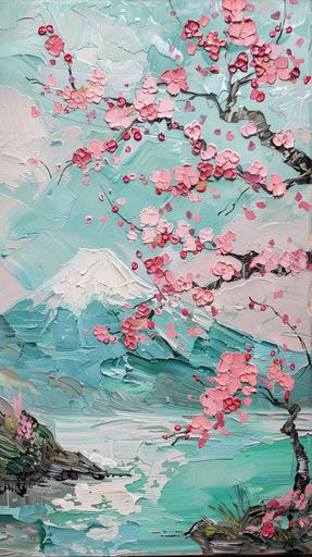 a painting with ffuji mountain and cherry blossoms, in the style of impressionist-landscapes, light turquoise and light pink, claude monet, hector guimard, monsù desiderio, wood, strip painting --ar 9:16