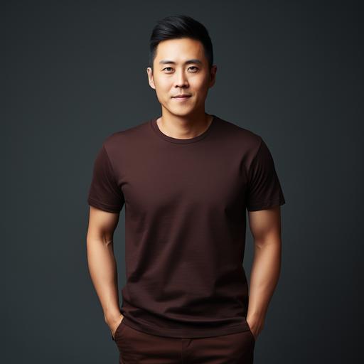 using uniqlo t-shirt product listing as a base, create an image of an indonesian chinese man wearing plain dark brown t-shirt posing handsomely and looking straight at the camera, flat light soft background, no shadow