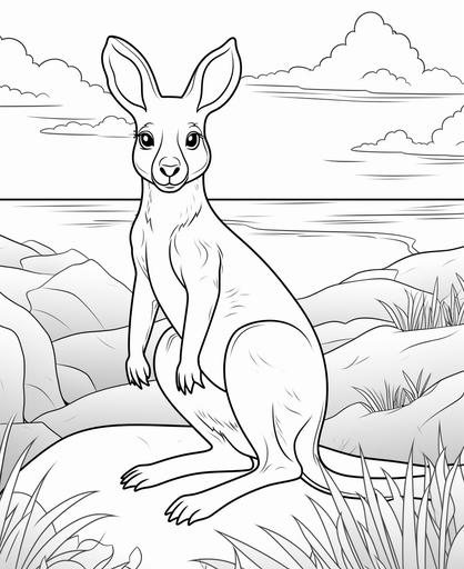 coloring page for kids, Kangaroo, cartoon style, thick line, low detailm no shading --ar 9:11
