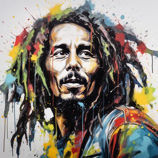a modern painting of bob marley with color mixed paint on his face, hyper realistic, black and white background, ar 2:3