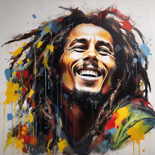 a modern painting of bob marley with color mixed paint on his face, hyper realistic, black and white background, ar 2:3