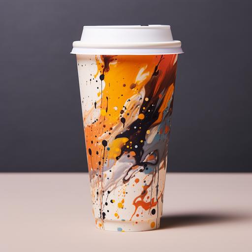 A to-go coffee cup branded with art, filled with coffee, showing individual drops