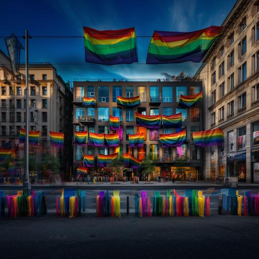 Berlin city with many rainbow flags hanging down from the windows.
