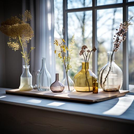 Create a Scandinavian bright minimalist environment with glass products such as water glasses, carafes, and vases. It should exude a high-quality and authentic feel.