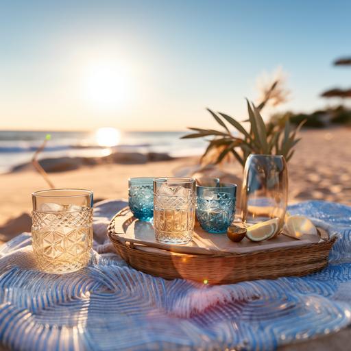 Create an image in a boho setting with stylish water glasses; in the background, the blue sea, illuminated in light and sandy tones.