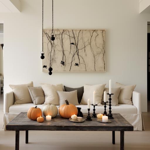 Create an image showcasing a chic and simple Halloween decoration in a minimalist home setting. Display a living room adorned with neutral colors, featuring a coffee table decorated with a few small pumpkins, a bundle of dried leaves, and a simple, elegant arrangement of candles. Include a 