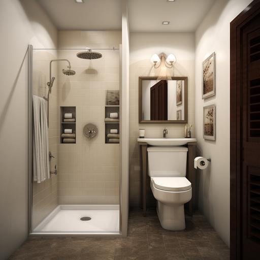 bathroom with shower sink toilet in 6feet by 5 feet with shower and sink on same wall and toilet at far end