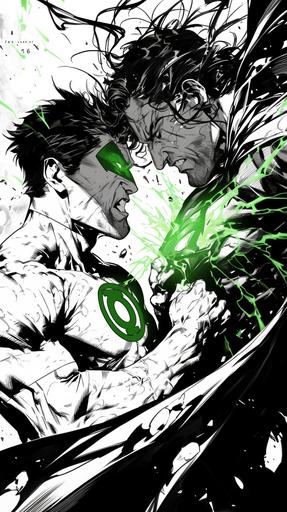 green lantern using his ring to make Superman fight Darkside, comic book cover art, ink, dystopian, moody, high contrast, epic, --ar 9:16 --niji 6