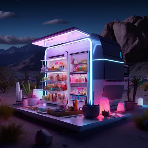 6k resolution, futuristic camping scene, twilight backdrop, mountainous metropolitan skyline. Focal point: large (1 1/4m x 3/4m), ultra-bright white space cooler, glowing LEDs, futuristic panels, digital touchscreen. Open cooler: stacked transparent containers (bright fruits, prepped ingredients), Japanese vending drinks, all illuminated by LED glow, ice causing 'smoke' for cool effect. All set in poignant, hyper-realistic, detailed view blending future design, nature, human innovation.