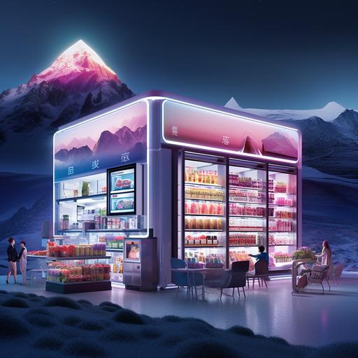 6k resolution, futuristic camping scene, twilight backdrop, mountainous metropolitan skyline. Focal point: large (1 1/4m x 3/4m), ultra-bright white space cooler, glowing LEDs, futuristic panels, digital touchscreen. Open cooler: stacked transparent containers (bright fruits, prepped ingredients), Japanese vending drinks, all illuminated by LED glow, ice causing 'smoke' for cool effect. All set in poignant, hyper-realistic, detailed view blending future design, nature, human innovation.