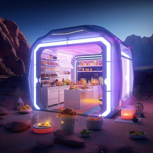 6k resolution, futuristic camping scene, twilight backdrop, mountainous metropolitan skyline. Focal point: large (1 1/4m x 3/4m), ultra-bright white space cooler, glowing LEDs, futuristic panels, digital touchscreen. Open cooler: stacked transparent containers (bright fruits, prepped ingredients), all illuminated by LED glow, ice causing 'smoke' for cool effect. All set in poignant, hyper-realistic, detailed view blending future design, nature, human innovation. cooler is small for car vehicle fit. camping white cooler rectangle chest type with wheels 3ft wide 1ft height. hyper realistic
