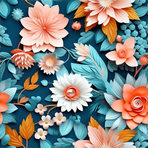 3d seamless flowers background pattern 3d seamless flower pattern vector illustration, in the style of Teal and peach, catherine nolin, harmony with nature, realistic attention to detail, large canvas paintings, nature-inspired motifs, lively movement portrayal, spanish tile detail --tile