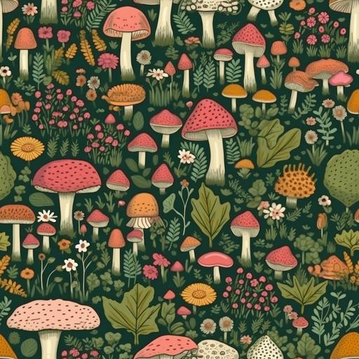 a playful repeat ditsy pattern of autumn mushrooms and wildflowers on sage green, in the style of by schena_design on spoonflower, dark fuschia pink and dark sage green, playful illustrative style, voluminous forms, playful packed composition, leaf patterns, hatecore, blink-and-you-miss-it pattern texture details --v 5.1 --tile