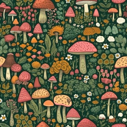 a playful repeat ditsy pattern of autumn mushrooms and wildflowers on sage green, in the style of by schena_design on spoonflower, dark fuschia pink and dark sage green, playful illustrative style, voluminous forms, playful packed composition, leaf patterns, hatecore, blink-and-you-miss-it pattern texture details --v 5.1 --tile
