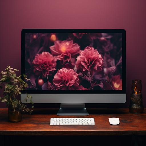 horizontal realistic Ipad mockup on a desk with magenta flowers and a notepad. Use dark and bright colors