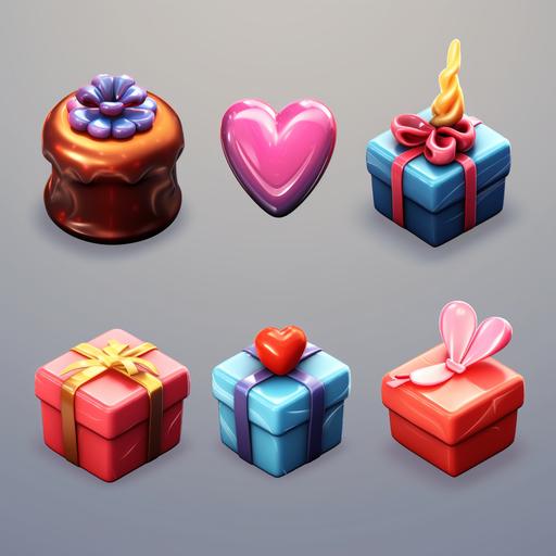 7 icon about gift 3d illustration (including rose, candy, cake, money, diamond, gift box, heart), 3d, hyper realistic ::