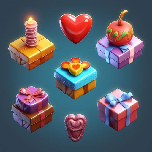 7 icon about gift 3d illustration (including rose, candy, cake, money, diamond, gift box, heart), 3d, hyper realistic ::