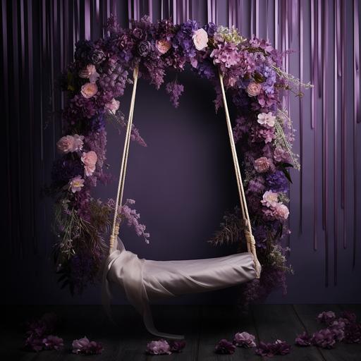 realistic newborn backdrop dark purple swing hanging from a thin rope with purple flokati and purple flowers all around purple backdrop ultra sharp high resolution