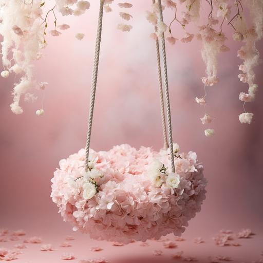 realistic newborn backdrop light pink swing hanging from a thin rope with pink flokati and white flowers all around pink backdrop ultra sharp high resolution