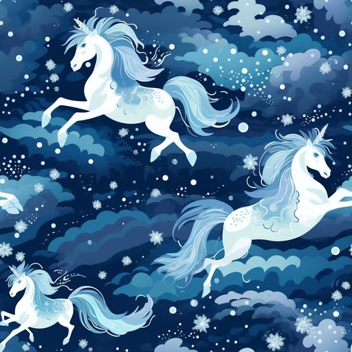 repeating seamless pattern of various illustrative glittering white unicorns and pegasus morphing from night sky in the foreground. Background is a deep blue color suminagashi marbling pattern. Cyan and navy, blues and cool colors. --s 50 --tile