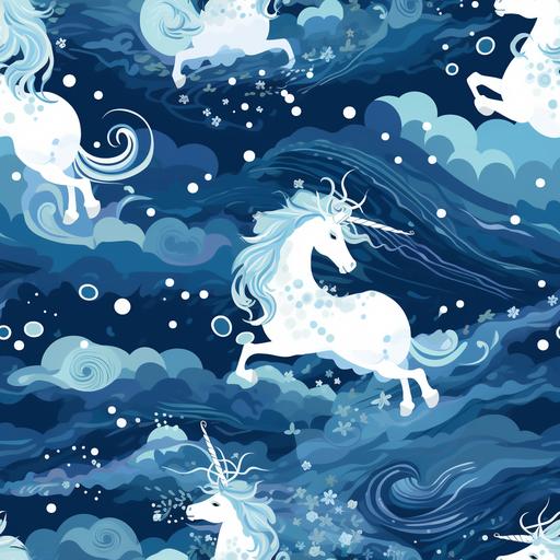 repeating seamless pattern of various illustrative glittering white unicorns and pegasus morphing from night sky in the foreground. Background is a deep blue color suminagashi marbling pattern. Cyan and navy, blues and cool colors. --s 50 --tile