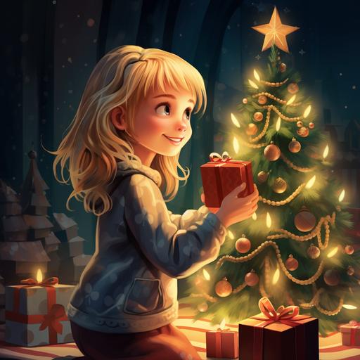 7 year old, blonde girl, around a christmas tree, cartoon artwork
