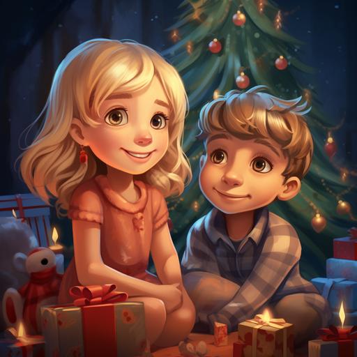 7 year old, blonde girl, around a christmas tree, she has a 3 year old brother amd 2 year old sister, cartoon