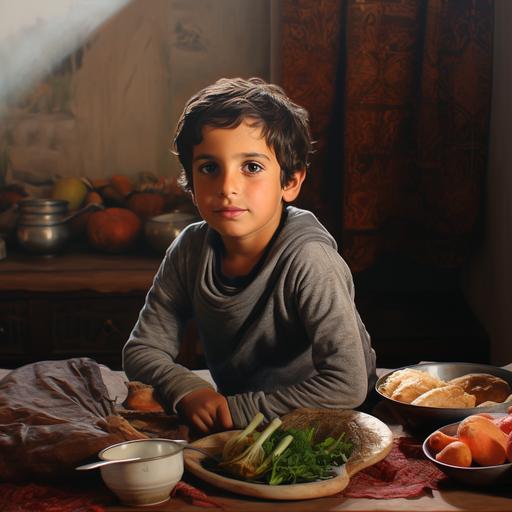 7-year-old middle eastern boy eating in the kitchen, arab boy, young child eating, middle-eastern, eating stew, kitchen table, hyperreal, hyperrealism, hyper-realism