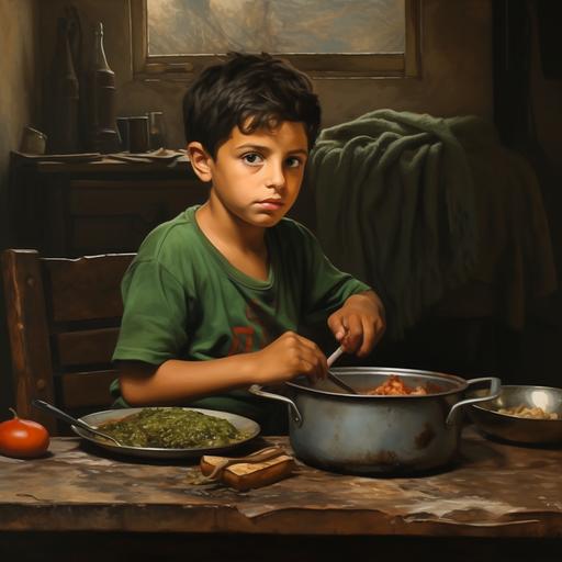 7 year old middle eastern boy eating in the kitchen, arab boy, young child eating, middle-eastern, eating stew, kitchen table