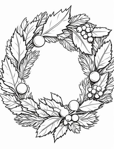 colouring pages for kids, simple christmas wreath, cartoon style, black and white, no shading --ar 85:110