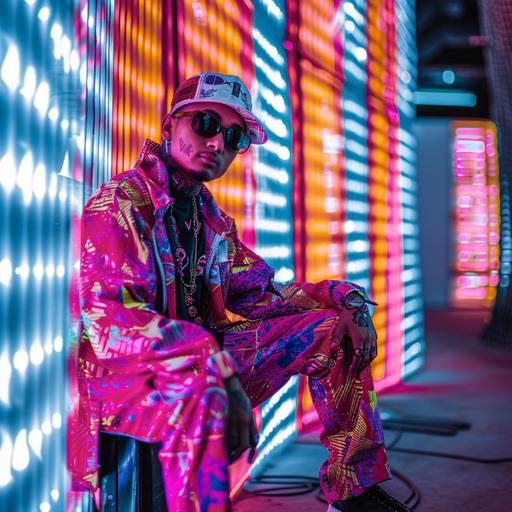 50mm lens, very stylish streetwear person being interviewed, in a florescent white strobe tube lights backdrop, photorealistic, insane detail,