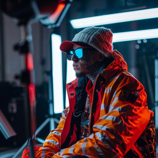 50mm lens, very stylish streetwear person being interviewed, in a florescent white strobe tube lights backdrop, photorealistic, insane detail,