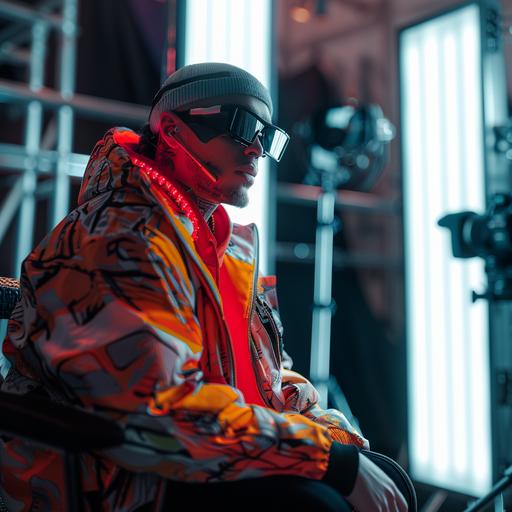 50mm lens, very stylish streetwear person being interviewed, in a florescent white strobe tube lights backdrop, photorealistic, insane detail,