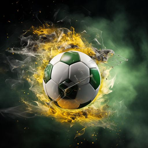 A Green and Yellow soccer ball, Breaking through a Green and White net, Photorealistic, Stadium, Smokey Stadium