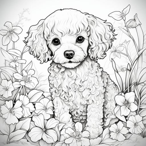 coloring page for girl aged 8 to 11,Poodle puppy, cartoon style, thick line,low detail, no shading--ar 9:11