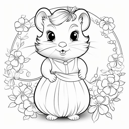 coloring page for girl aged 8 to 11,hamster, cartoon style, thick line,low detail, no shading--ar 9:11