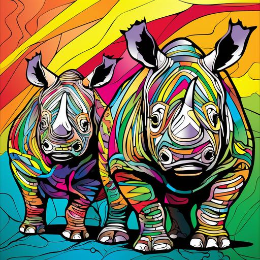coloring page for kids, Rhinos , cartoon style, thick line,low detail--ar 9:11