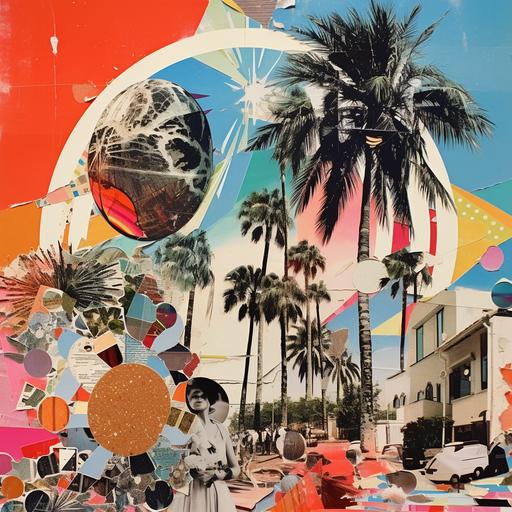 70s Ibiza, hippie culture, collage art of Spanish newspapers, disco ball, palms trees
