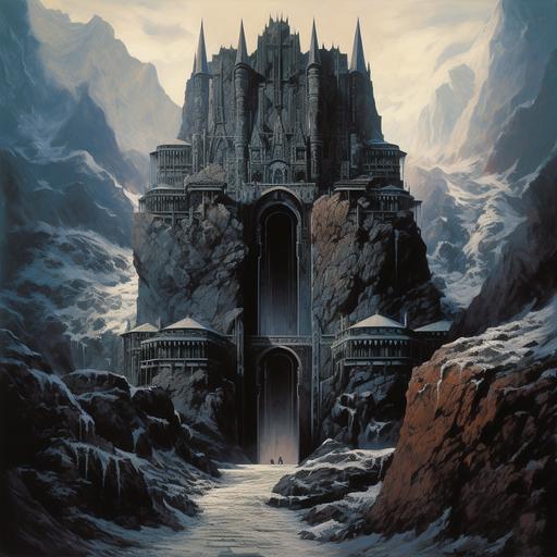 70s dark fantasy style painting, illustration of a stronghold made by dwarves, built into a mountain, epic gate, ornate stone designs, mountain with a large dwarven gate built into the rock face, mountain entrance